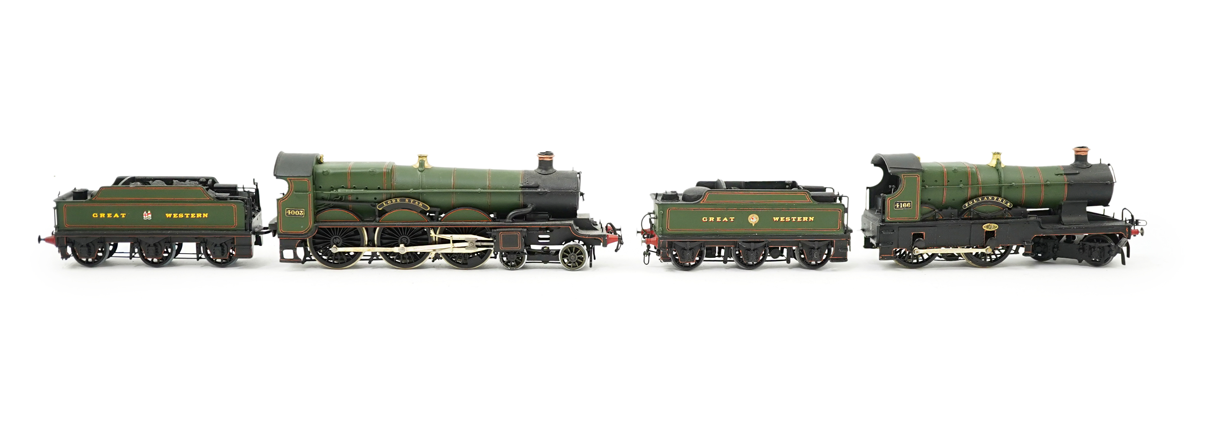 Two 00 gauge brass and white metal kit built GWR tender locomotives; a Star class 4-6-0, Lode Star 4003, together with a Flower class 4-4-0, Polyanthus 4166, constructed, painted and lined to a high standard, both motore